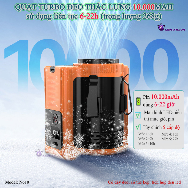 Quạt Turbo Đeo Thắc Lưng, Quạt Đeo Hông Làm Mát Pin Trâu 10.000mAh Có Đèn LED - N610