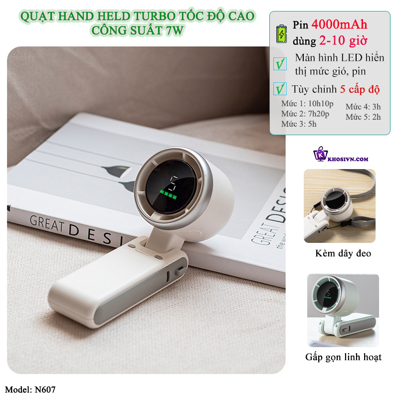Quạt Cầm Tay Tích Điện Gió Mạnh Turbo 5 Cấp Độ Gió Kèm Dây Đeo Cổ N607