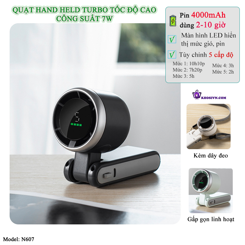 Quạt Cầm Tay Tích Điện Gió Mạnh Turbo 5 Cấp Độ Gió Kèm Dây Đeo Cổ N607