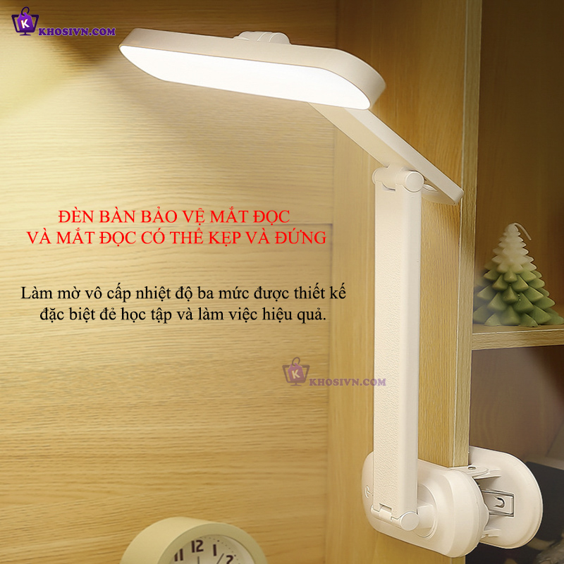 Đèn Tích Điện Kẹp Bàn, Để Bàn Sạc 3 Màu Ánh Sáng, Tăng Giảm Được Độ Sáng SL-958