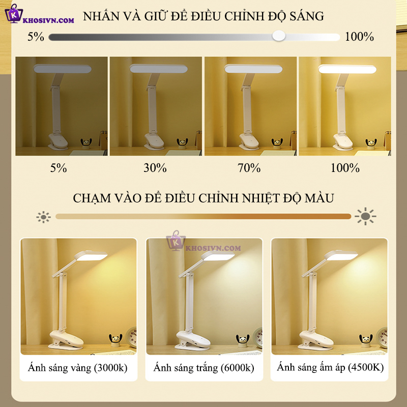 Đèn Tích Điện Kẹp Bàn, Để Bàn Sạc 3 Màu Ánh Sáng, Tăng Giảm Được Độ Sáng SL-958