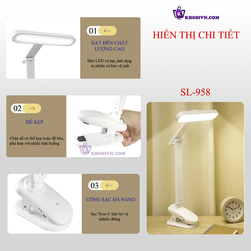 Đèn Tích Điện Kẹp Bàn, Để Bàn Sạc 3 Màu Ánh Sáng, Tăng Giảm Được Độ Sáng SL-958