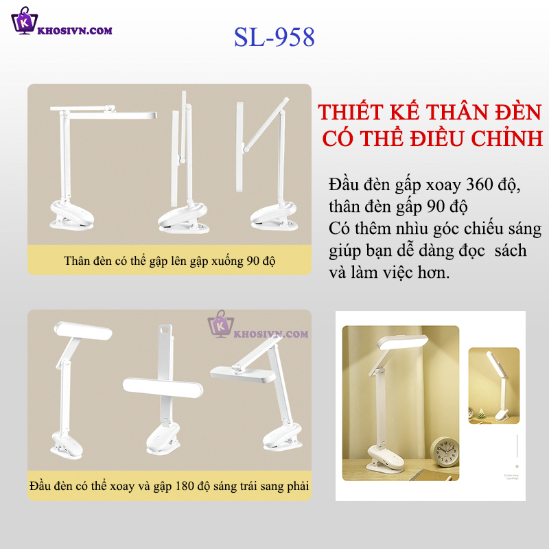 Đèn Tích Điện Kẹp Bàn, Để Bàn Sạc 3 Màu Ánh Sáng, Tăng Giảm Được Độ Sáng SL-958