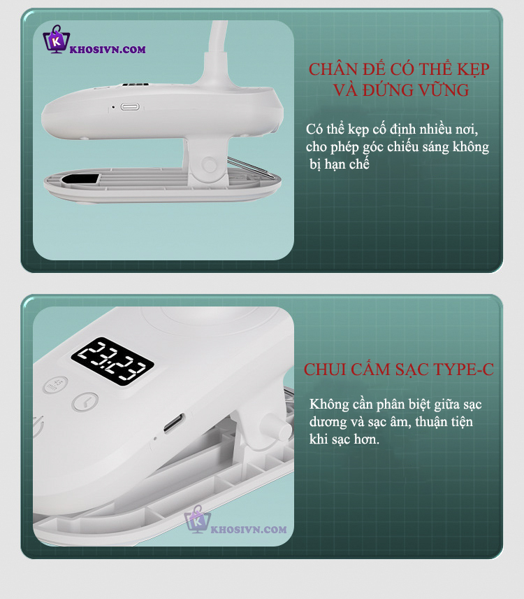 Đèn Học Kẹp Bàn Tích Điện 3 Màu Ánh Sáng SL-828