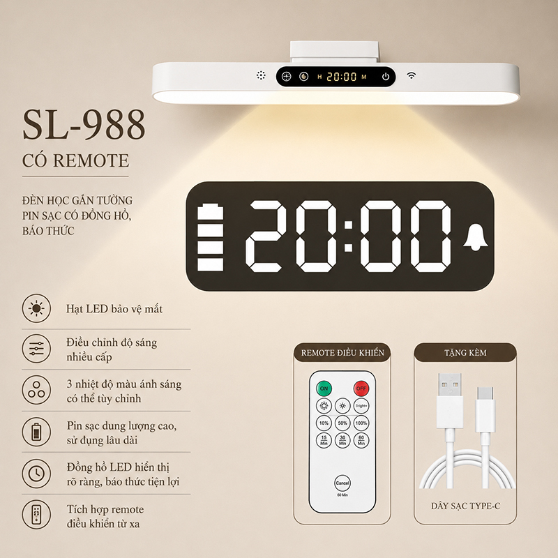 Đèn Học Tích Điện Gắn Tường Pin Sạc Đa Năng Tích Hợp Đồng Hồ Báo Thức LED 3 Màu Ánh Sáng Chống Cận SL-999