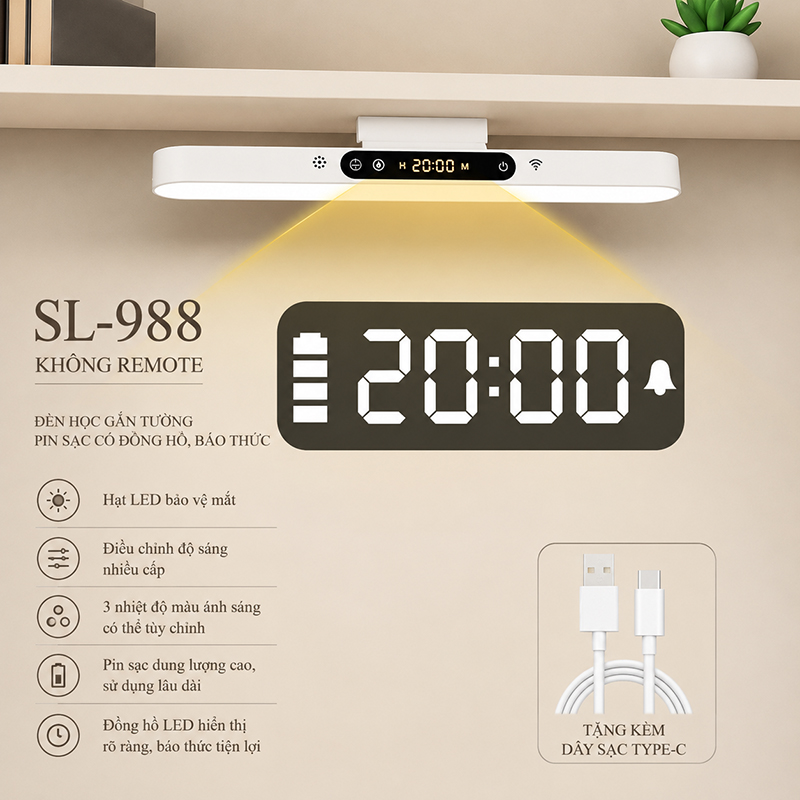 Đèn Học Tích Điện Gắn Tường Pin Sạc Đa Năng Tích Hợp Đồng Hồ Báo Thức LED 3 Màu Ánh Sáng Chống Cận SL-999