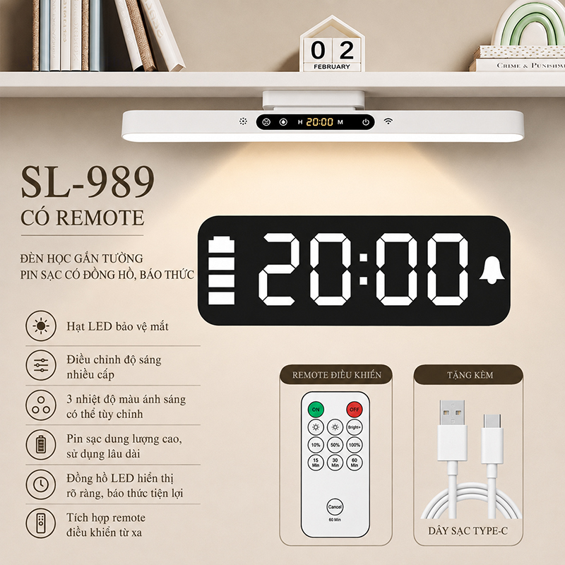 Đèn Học Tích Điện Gắn Tường Pin Sạc Đa Năng Tích Hợp Đồng Hồ Báo Thức LED 3 Màu Ánh Sáng Chống Cận SL-999