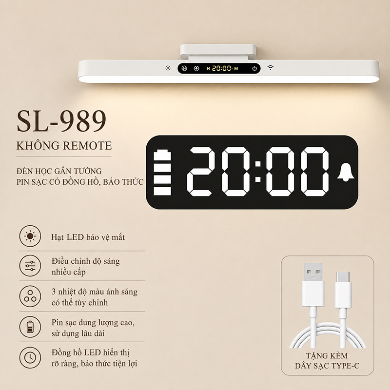 Đèn Học Tích Điện Gắn Tường Pin Sạc Đa Năng Tích Hợp Đồng Hồ Báo Thức LED 3 Màu Ánh Sáng Chống Cận SL-999