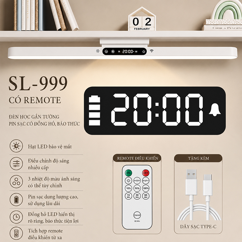 Đèn Học Tích Điện Gắn Tường Pin Sạc Đa Năng Tích Hợp Đồng Hồ Báo Thức LED 3 Màu Ánh Sáng Chống Cận SL-999