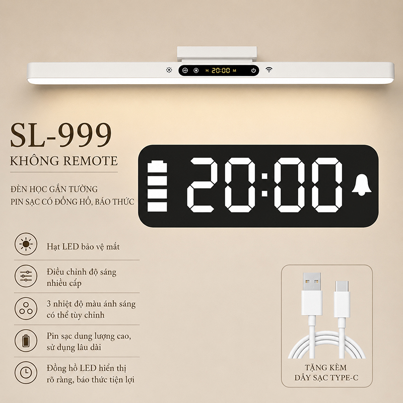 Đèn Học Tích Điện Gắn Tường Pin Sạc Đa Năng Tích Hợp Đồng Hồ Báo Thức LED 3 Màu Ánh Sáng Chống Cận SL-999