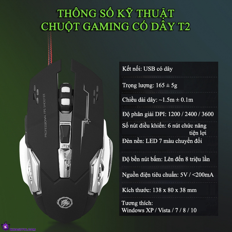Chuột Gaming Có Dây LED RGB Chuyên Game Văn Phòng Click Im Lặng 3600dpi - Chuột T2