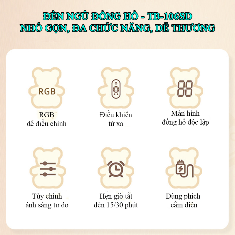 Đèn Ngủ LED Gắn Tường Cute Có Remote Tích Hợp Đồng Hồ TB-106SD