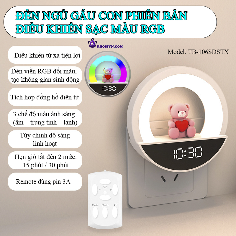 Đèn Ngủ LED Gắn Tường Cute Có Remote Tích Hợp Đồng Hồ TB-106SD