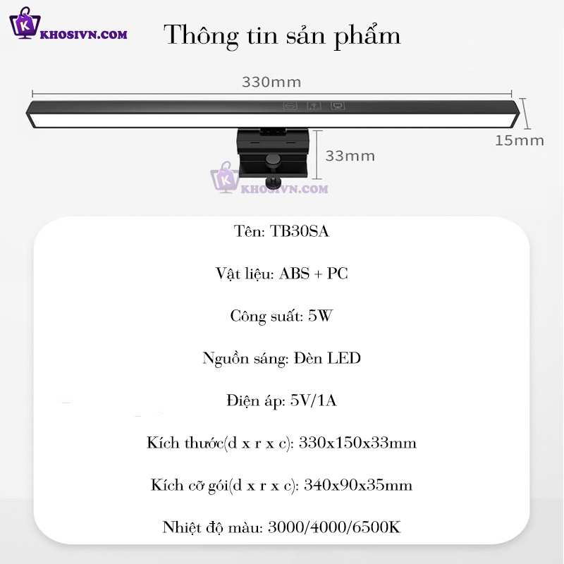 Đèn Treo Màn Hình Máy Tính PC Laptop Gắn Màn Hình Chống Mỏi Mắt 3 Màu Ánh Sáng - TB-30SA