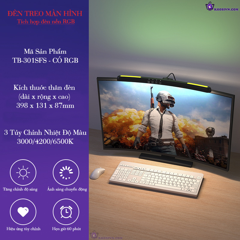 Đèn Treo Màn Hình Vi Tính Cong Kẹp Màn Hình PC Có Đèn LED RGB Điểu Chỉnh Độ Sáng Cong 40cm - TB-301SFS