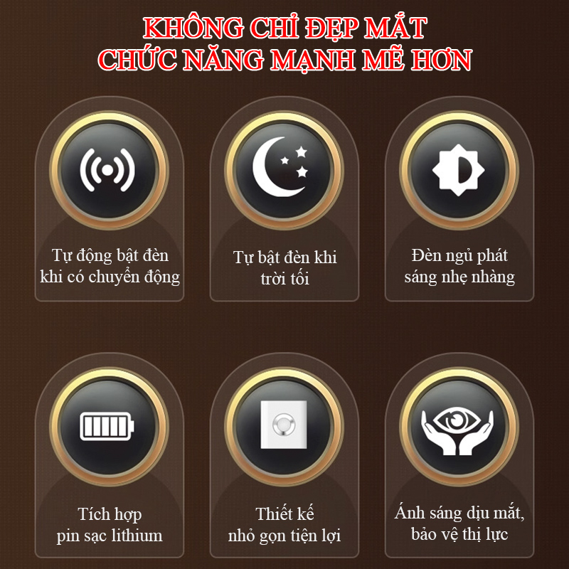 Ưu Điểm Nổi Bật Của Đèn Ngủ Cảm Biến Chuyển Động TB-38SGLIR Cảm Biến Chuyển Động Siêu Nhạy: Đèn sẽ tự động bật khi phát hiện chuyển động trong phạm vi cảm biến, tiện lợi khi bạn di chuyển vào ban đêm mà không cần tìm công tắc. Tiết Kiệm Năng Lượng: Đèn tự động tắt sau một khoảng thời gian nhất định nếu không còn phát hiện chuyển động, giúp tiết kiệm điện năng tối ưu. Ánh Sáng Dịu Mắt: TB-38SGLIR phát ra ánh sáng ấm áp, dễ chịu, không gây chói mắt, lý tưởng làm đèn ngủ hoặc đèn dẫn lối vào ban đêm. Thiết Kế Nhỏ Gọn, Tinh Tế: Kiểu dáng hiện đại, dễ dàng lắp đặt tại cầu thang, hành lang, phòng ngủ, nhà vệ sinh, tủ quần áo… mà không chiếm nhiều diện tích. Dễ Dàng Lắp Đặt: Sản phẩm hỗ trợ dán tường hoặc gắn vít chắc chắn, bạn có thể tự lắp mà không cần thợ chuyên nghiệp.