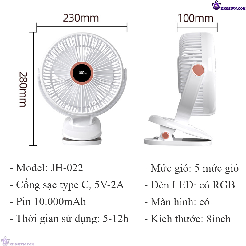 Quạt Kẹp Bàn Tích Điện, Kẹp Xe Đẩy, Để Bàn Size Lớn 8inch Pin 10.000mAh Xoay 720 độ - JH-022