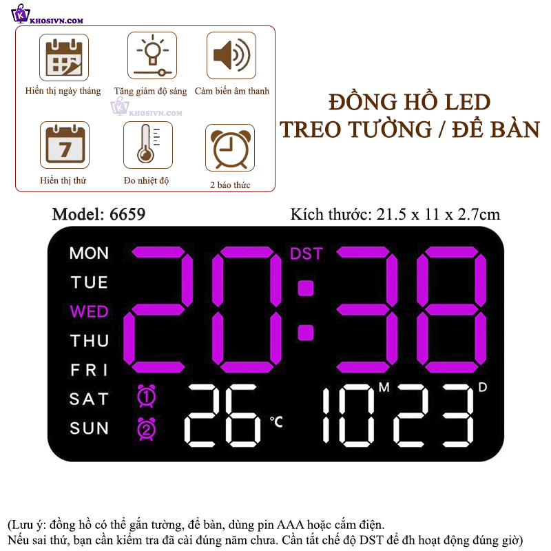 Đồng Hồ LED Digital Decor Để Bàn Báo Thức Hiển Thị Thời Gian Nhiệt Độ Chức Năng Đếm Ngược - 6659