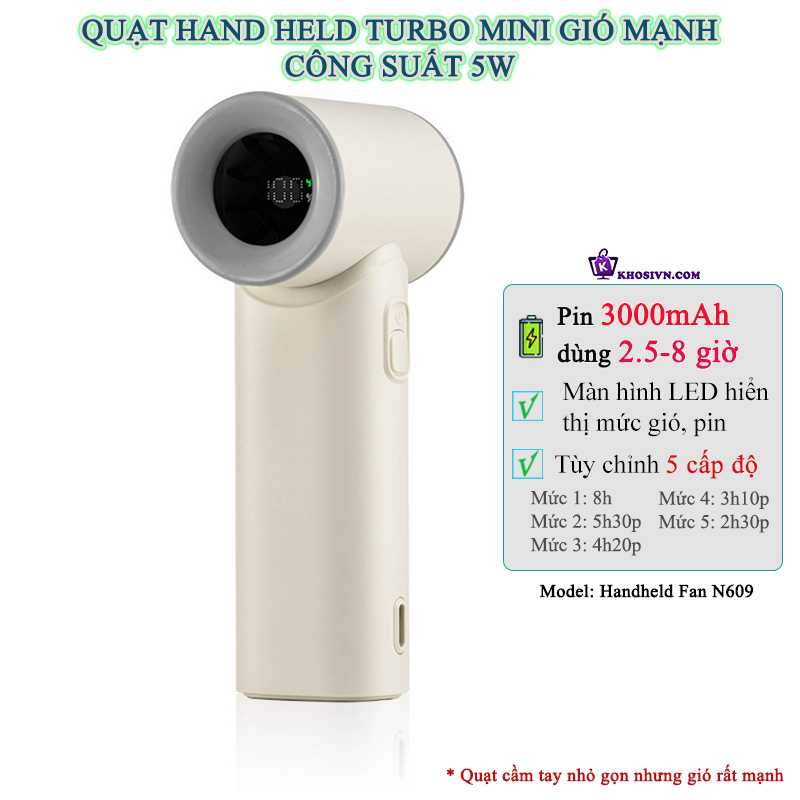 Quạt Turbo Cầm Tay Mini Tích Điện Gió Siêu Mạnh - N609