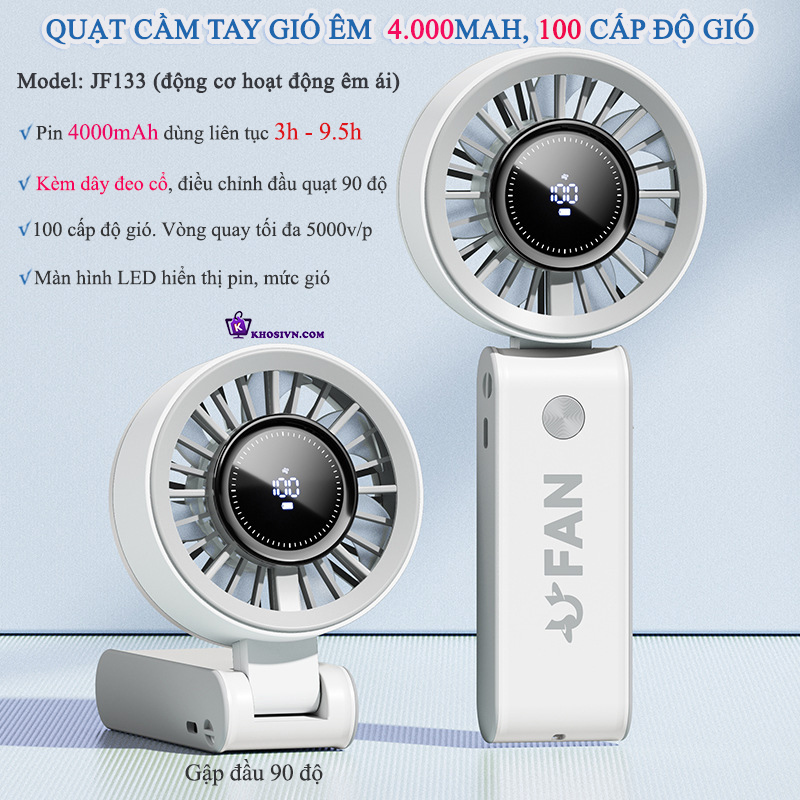 Địa Chỉ Mua Sỉ Quạt Cầm Tay Tích Điện Mini Gió Mạnh 100 Cấp Gập 90 Độ Kèm Dây Đeo Cổ JF133 Tại TPHCM
