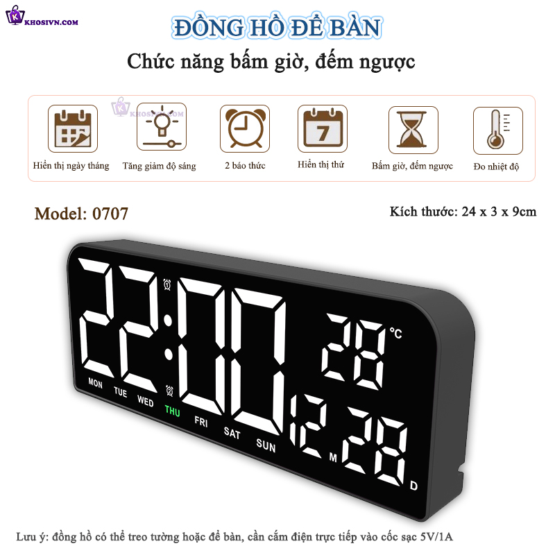 Đồng Hồ LED Điện Tử Để Bàn Gắn Tường Có Chức Năng Báo Thức, Đếm Ngược, Bấm Giờ, Đo Nhiệt Độ - 0707
