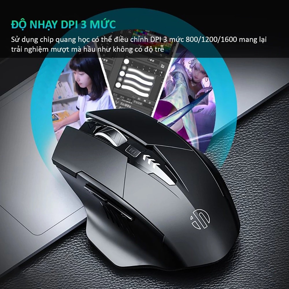 Chuột Gaming Inphic Máy Tính Không Dây Kết Nối 2.4G Công Thái Học Chống Mỏi Tay Click chống ồn - Inphic F1