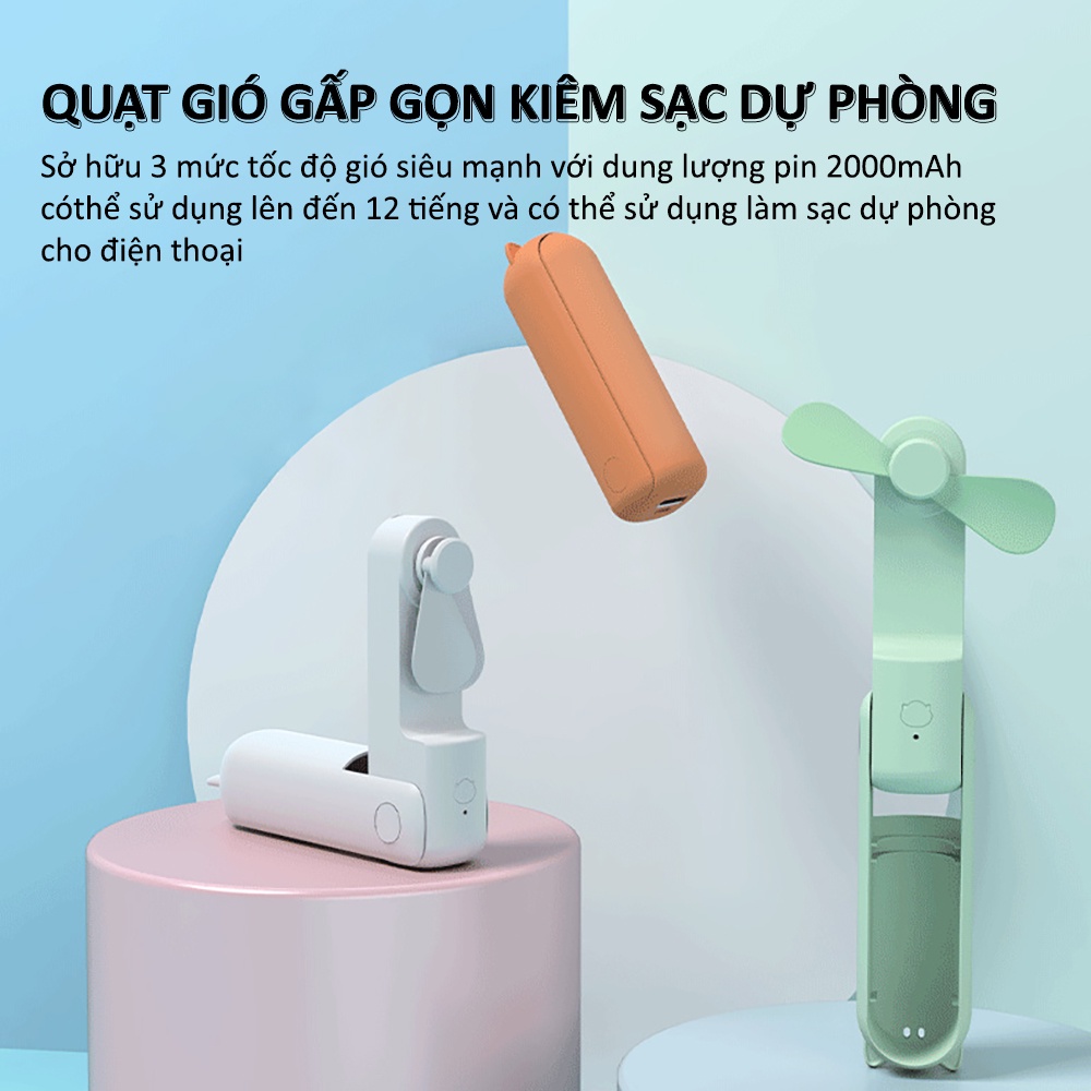 Quạt Cầm Tay Tích Điện Mini Gấp Gọn Cute Mang Đi Khắp Nơi Đầy Tiện Lợi Có Thể Tự Ngắt Khi Va Chạm HZ001
