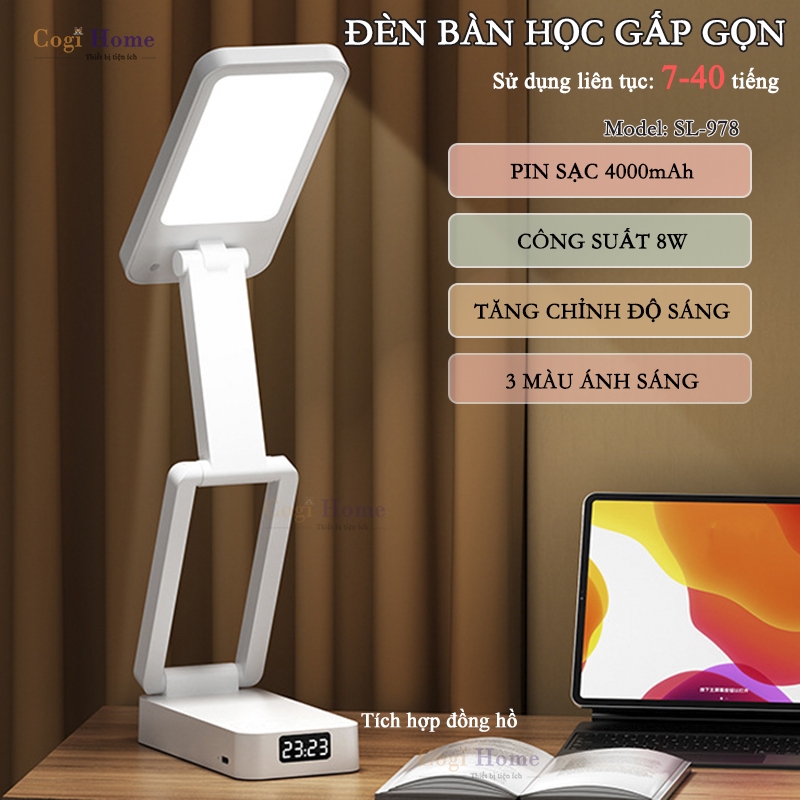 Đèn Tích Điện Để Bàn Học Gấp Gọn Pin Trâu 4000mAh 3 Màu Ánh Sáng SL-978