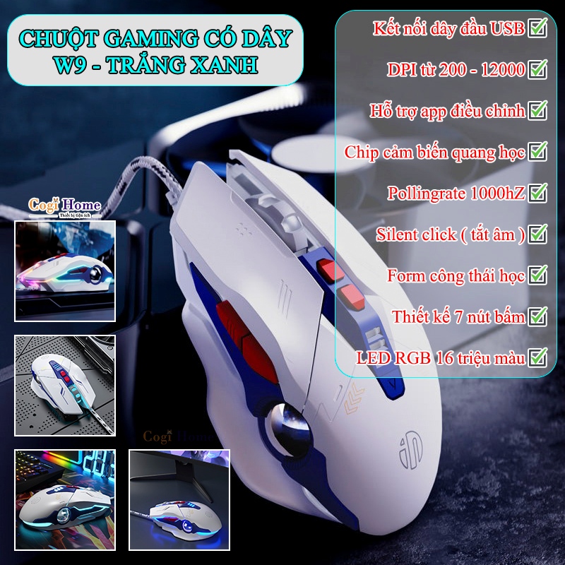 Chuột Gaming Inphic Có Dây Chuyên Game Dpi 7200 Siêu Nhạy Có LED RGB - Inphic W9