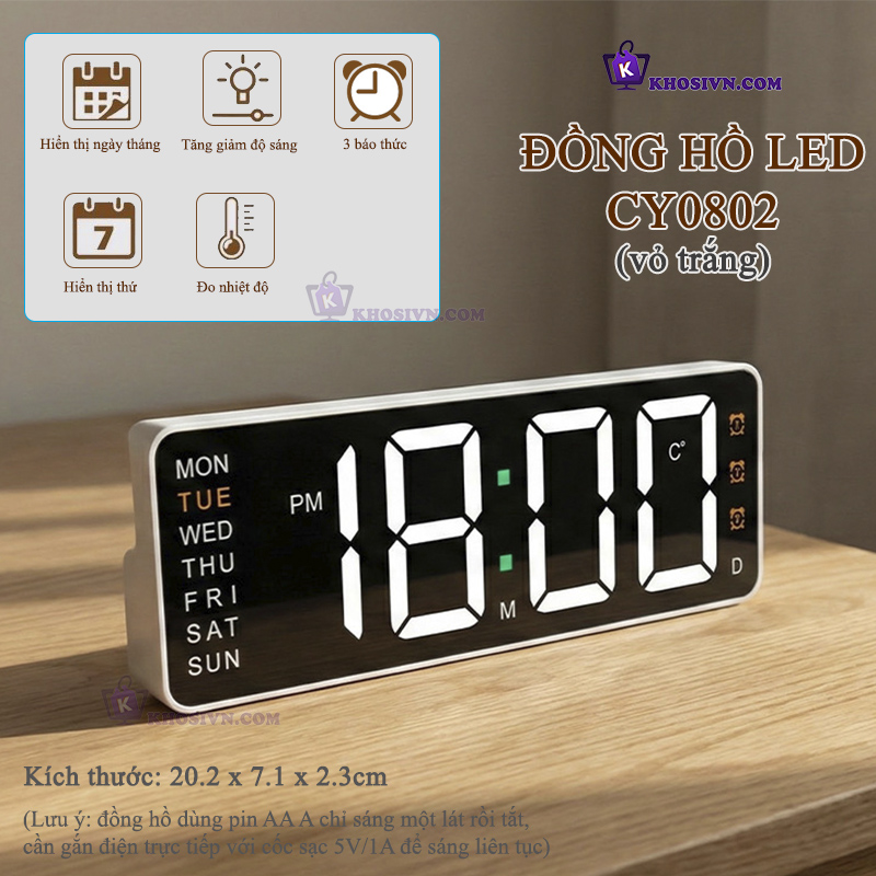 Đồng Hồ LED Decor Để Bàn Decor 3 Chế Độ Báo Thức Hiển Thị Thứ Nhiệt Độ - CY-0802