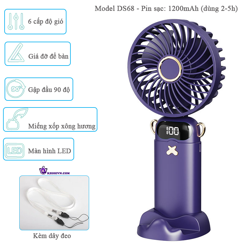 Quạt Cầm Tay Tích Điện Đa Chức Năng Ba Trong Một Có Đế Tháo Rời - DS68