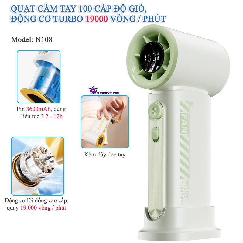 Quạt Turbo Cầm Tay Mini Gió Mạnh 10m/s Quay 19000 vòng/phút 100 Cấp Độ Gió - N108
