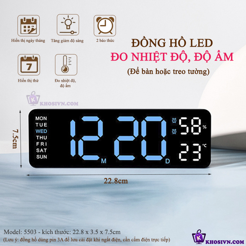 Đồng Hồ LED Để Bàn Decor, Đồng Hồ Báo Thức Để Bàn Hiển Thị Thời Gian Nhiệt Độ - 5503