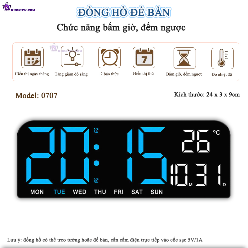 Đồng Hồ LED Điện Tử Để Bàn Gắn Tường Có Chức Năng Báo Thức, Đếm Ngược, Bấm Giờ, Đo Nhiệt Độ - 0707