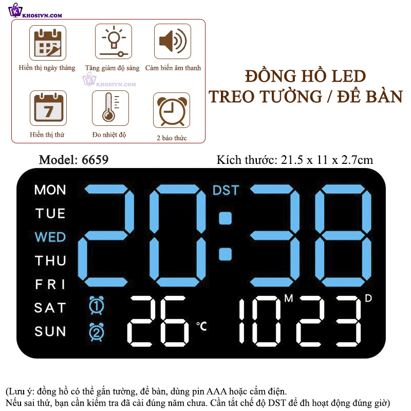 Đồng Hồ LED Digital Decor Để Bàn Báo Thức Hiển Thị Thời Gian Nhiệt Độ Chức Năng Đếm Ngược - 6659