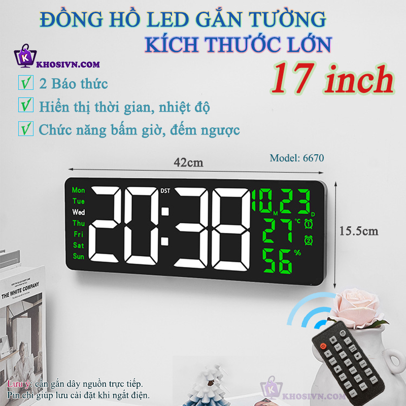 Đồng Hồ LED Điện Tử Decor 17 inch Kích Thước Lớn Găn Tường Treo Tường Có Remote Bấm Giờ Đếm Ngược - 6670
