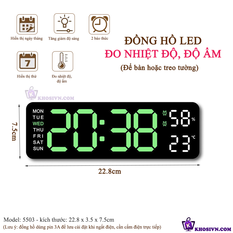 Đồng Hồ LED Để Bàn Decor, Đồng Hồ Báo Thức Để Bàn Hiển Thị Thời Gian Nhiệt Độ - 5503