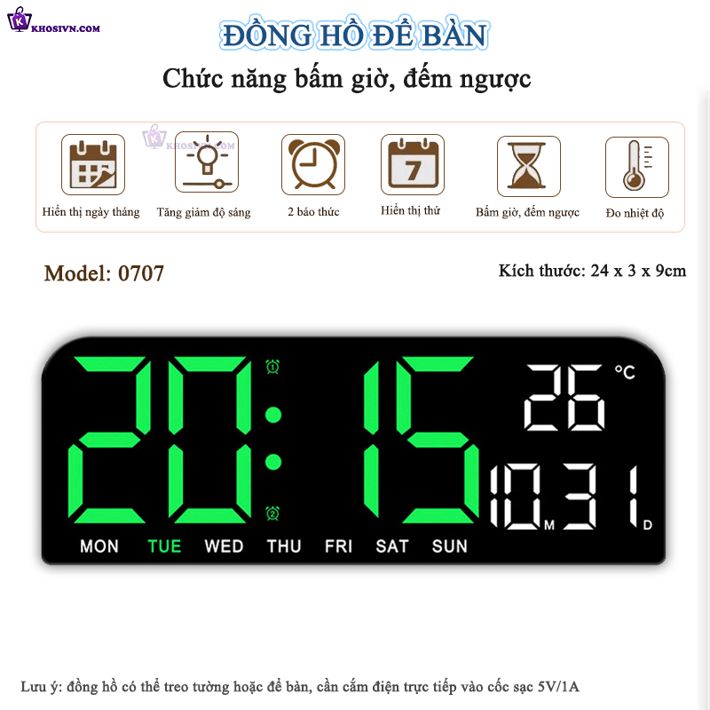 Đồng Hồ LED Điện Tử Để Bàn Gắn Tường Có Chức Năng Báo Thức, Đếm Ngược, Bấm Giờ, Đo Nhiệt Độ - 0707