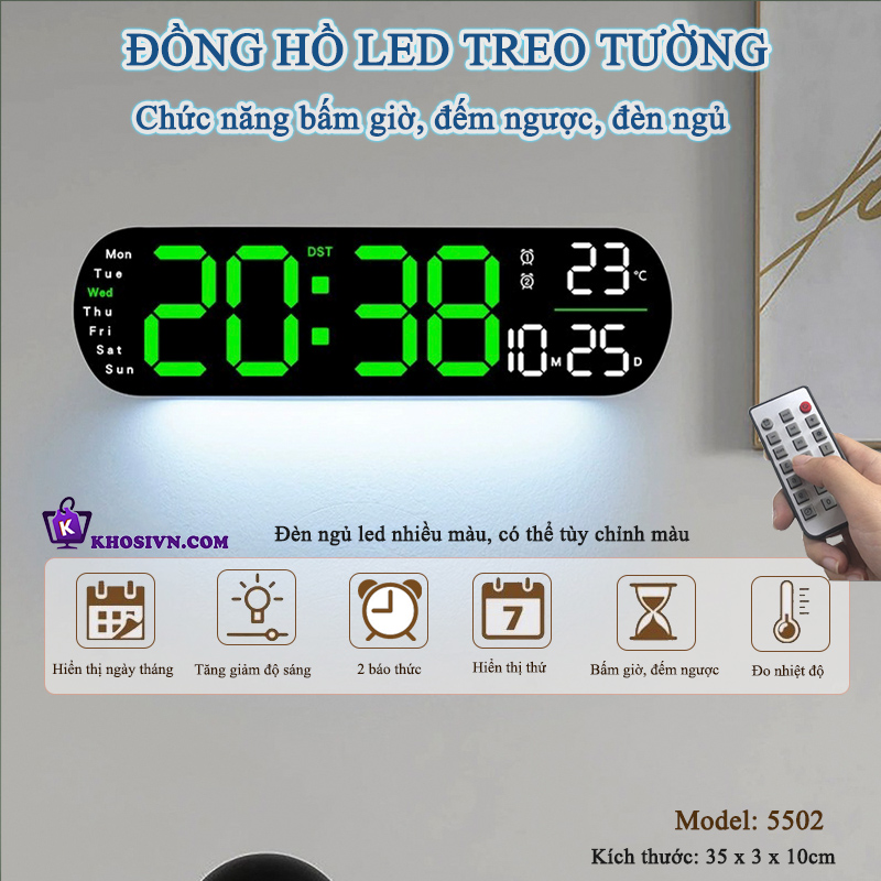 Đồng Hồ LED RGB Gắn Tường, Đồng Hồ Treo Tường Phòng Ngủ Phòng Khách Có Đèn Ngủ Báo Thức, Đếm Ngược - 5502