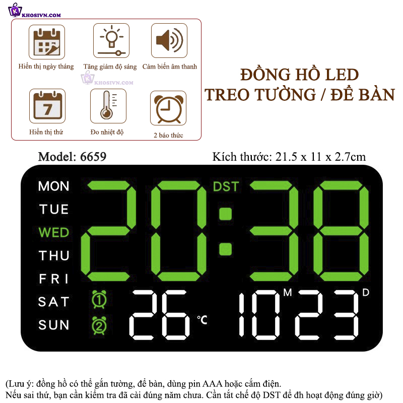 Đồng Hồ LED Digital Decor Để Bàn Báo Thức Hiển Thị Thời Gian Nhiệt Độ Chức Năng Đếm Ngược - 6659