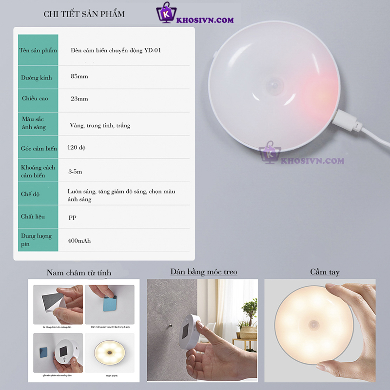 Đèn Cảm Biến Chuyển Động Treo Gắn Tường Cầu Thang Tủ Quần Áo Đèn LED Pin Sạc USB YD-01