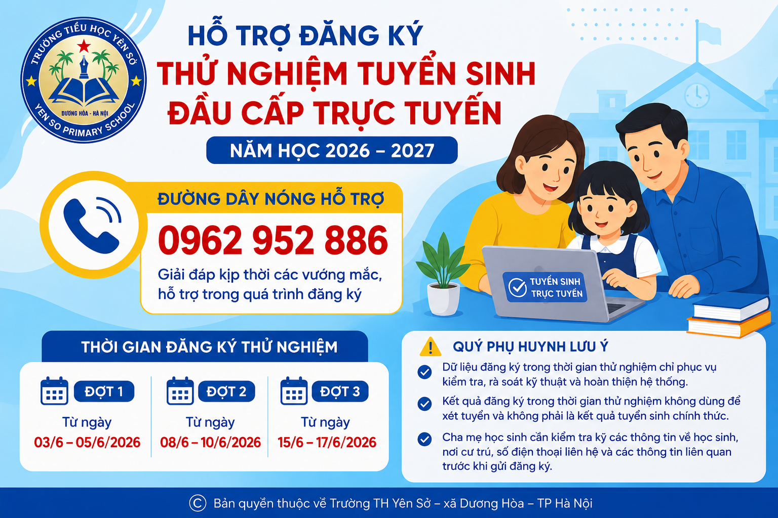 THÔNG BÁO HỖ TRỢ ĐĂNG KÝ THỬ NGHIỆM TUYỂN SINH ĐẦU CẤP TRỰC TUYẾN NĂM HỌC 2026–2027