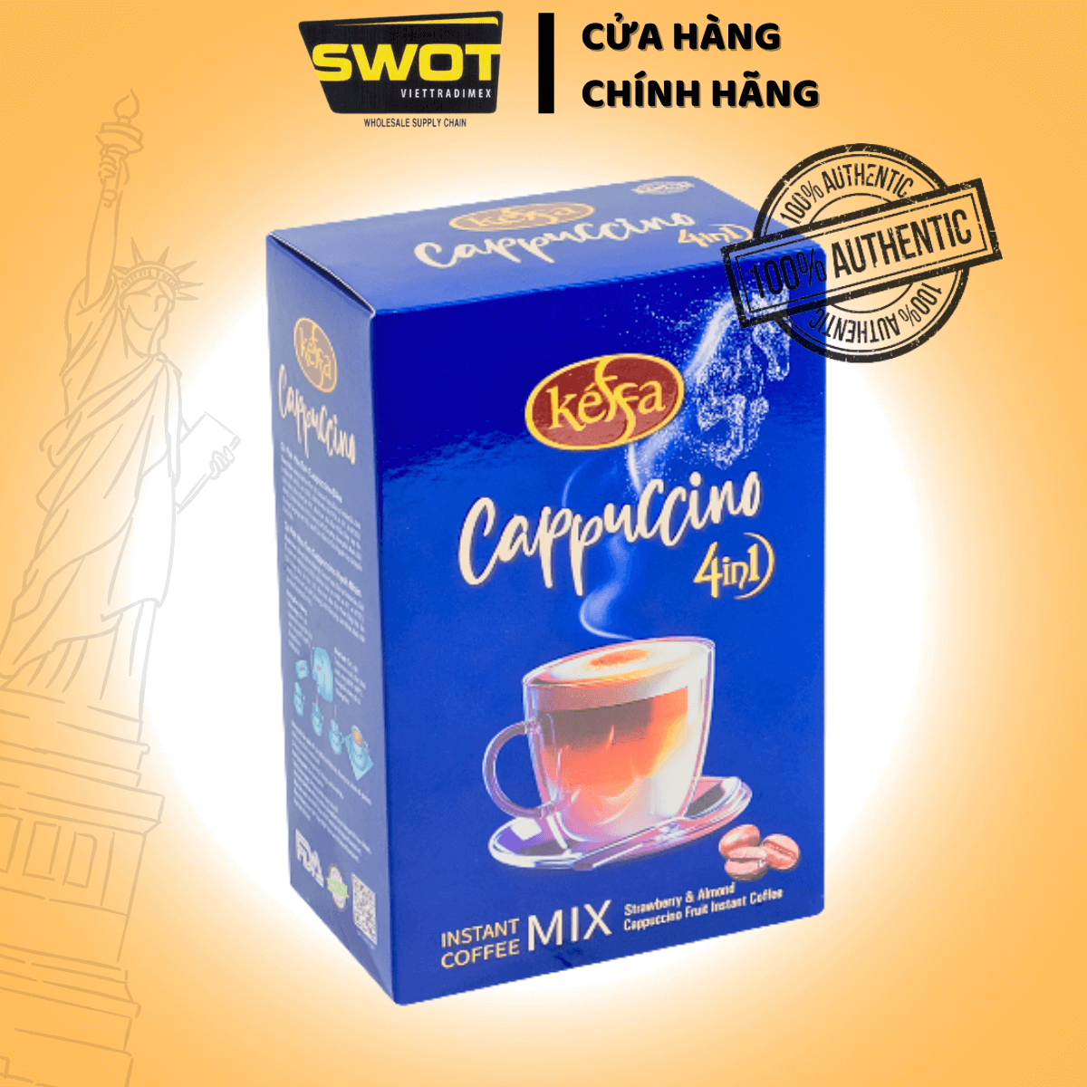 Cà Phê Cappuccino Keffa 4in1 160gr là sự kết hợp hoàn hảo giữa cà phê rang xay đậm đà và hương vị béo ngậy của sữa cùng độ ngọt vừa phải, mang đến trải nghiệm cân bằng và trọn vẹn - SWOT