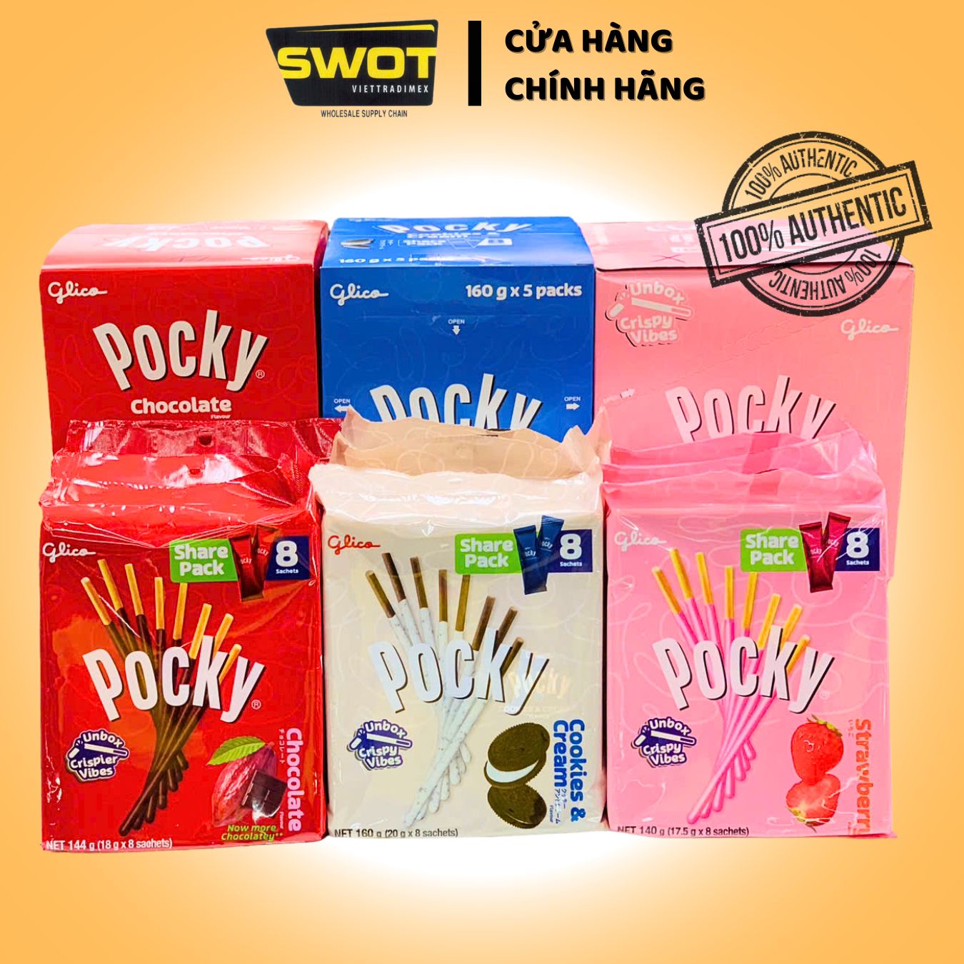 BÁNH QUE POCKY - CHOCOLATE / STRAWBERRY / COOKIES CREAM Share Pack, 8 Gói - SWOT