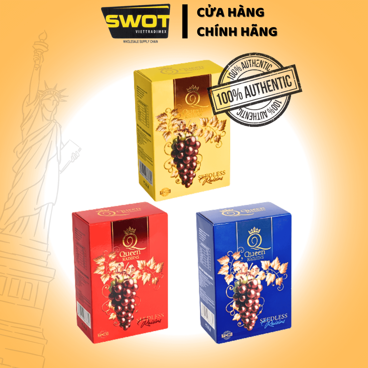 Nho Khô Queen Raisiins hộp giấy chữ nhật 90gr là món ăn vặt tự nhiên giàu dinh dưỡng - SWOT