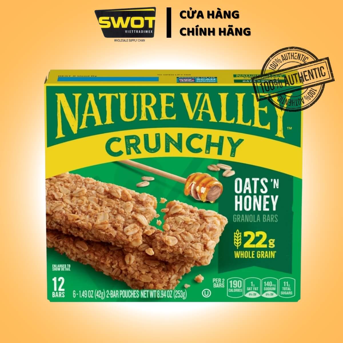 Bánh Ngũ Cốc Yến Mạch, Mật Ong Nature Valley Crunchy Oats 'n Honey Granola Bars, Hộp 12 Thanh (6 Gói), 253g - SWOT