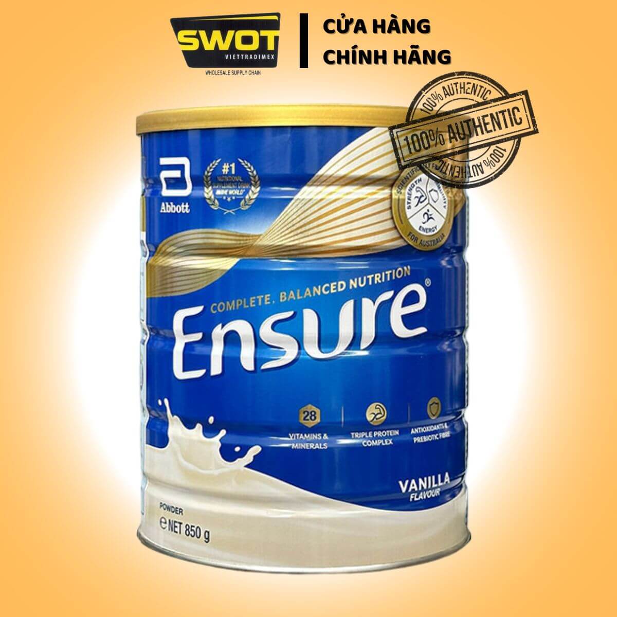 SỮA ENSURE ÚC LON 850GR HƯƠNG VANILLA - Bổ sung đạm chất lượng cao giúp duy trì cơ bắp khỏe mạnh, Cung cấp đầy đủ vitamin và khoáng chất thiết yếu - SWOT