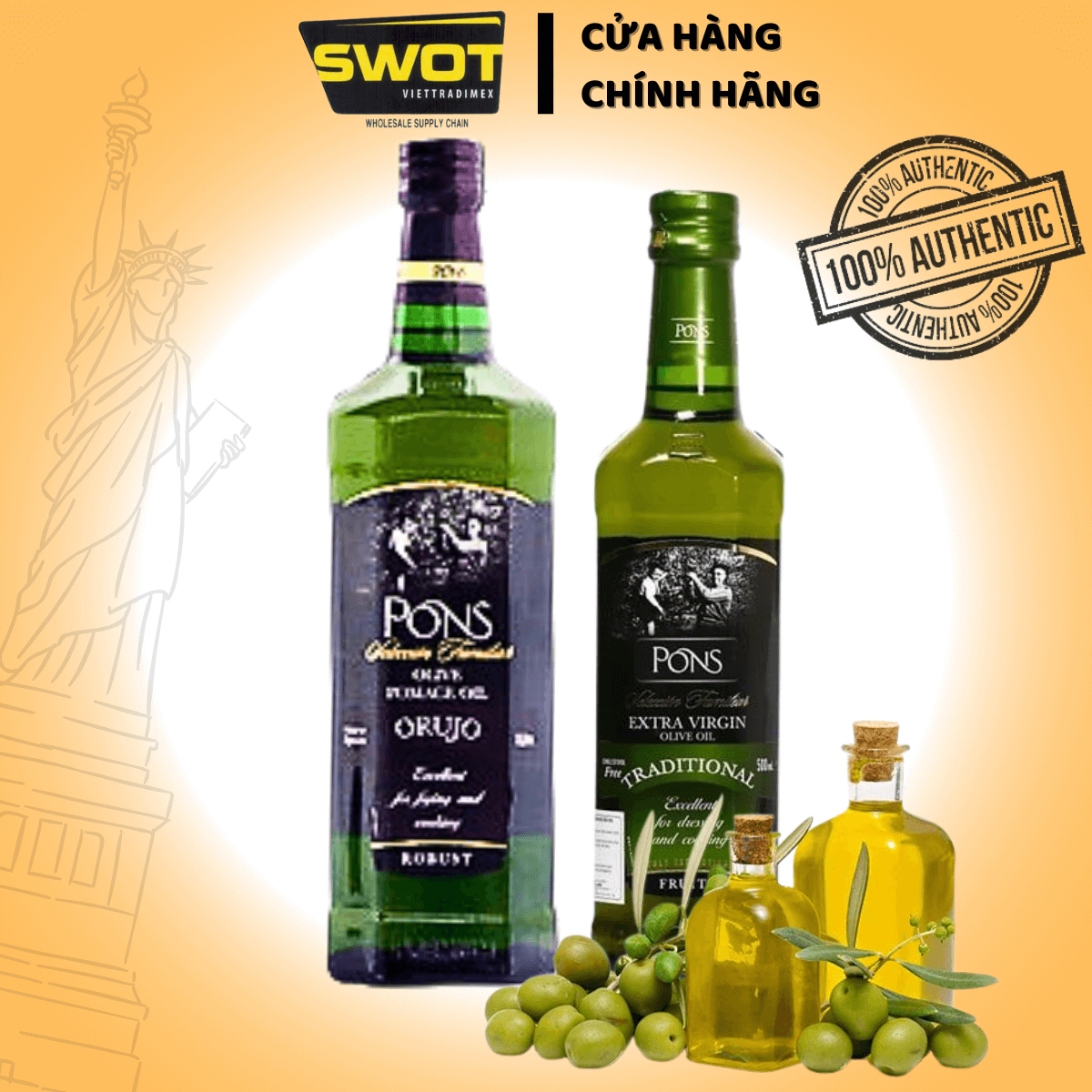 Dầu Ô-Liu PONS của Tây Ban Nha, dùng trực tiếp hoặc chế biến các món ăn: trộn salad, làm nước sốt, dùng chiên xào, làm bánh, thích hợp cho người ăn chay - SWOT