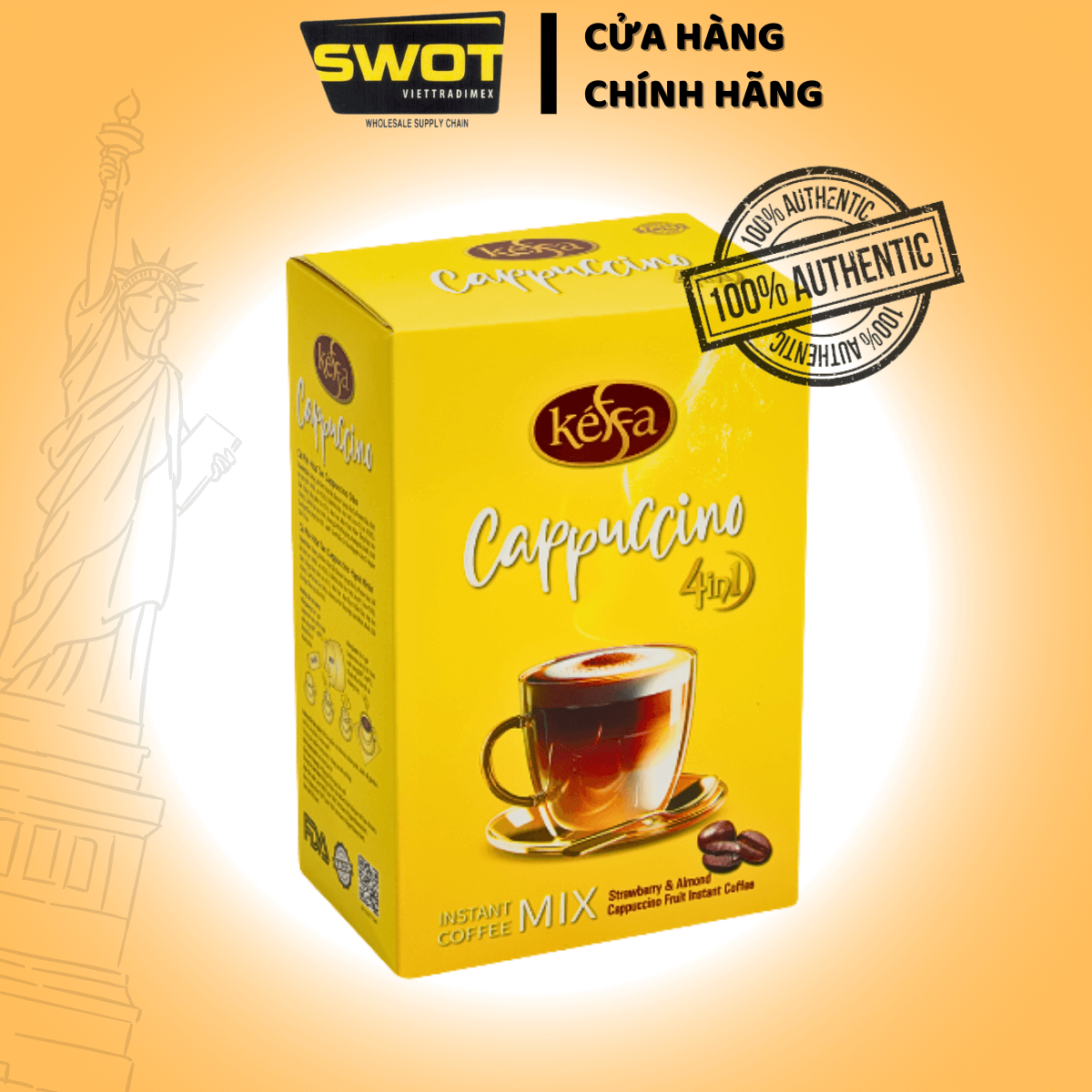 Cà Phê Cappuccino Keffa 4in1 160gr là sự kết hợp hoàn hảo giữa cà phê rang xay đậm đà và hương vị béo ngậy của sữa cùng độ ngọt vừa phải, mang đến trải nghiệm cân bằng và trọn vẹn - SWOT
