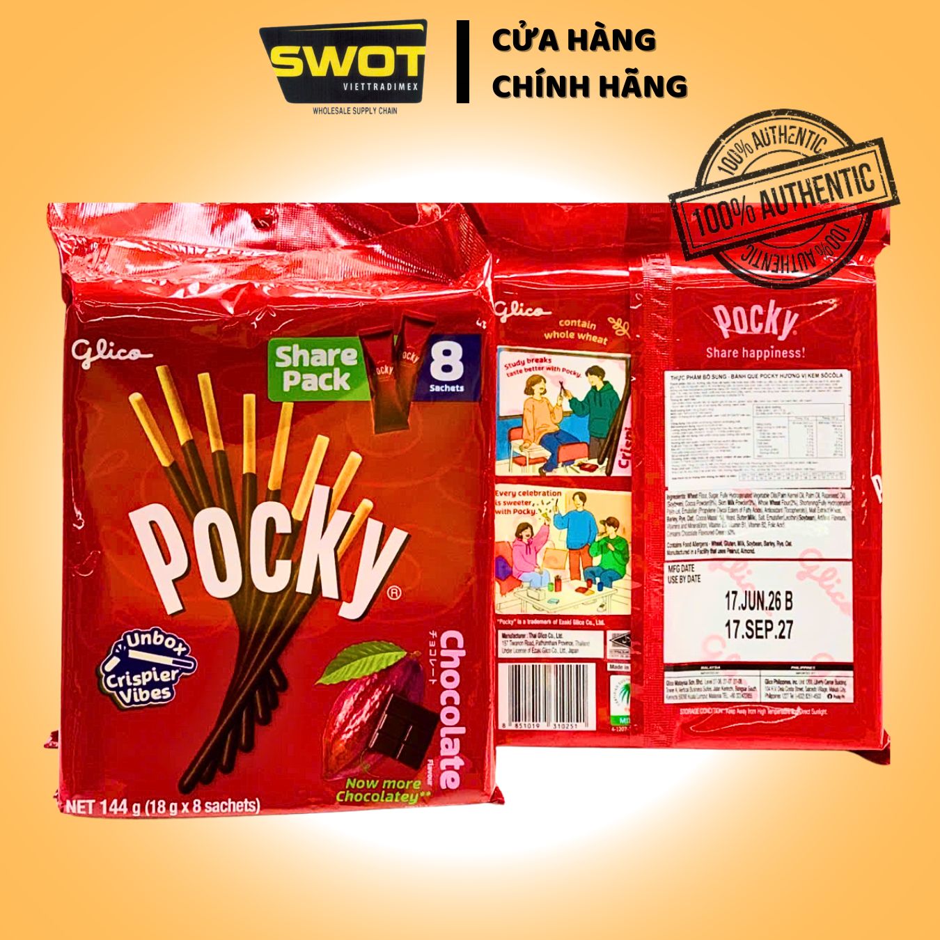 BÁNH QUE POCKY - CHOCOLATE / STRAWBERRY / COOKIES CREAM Share Pack, 8 Gói - SWOT